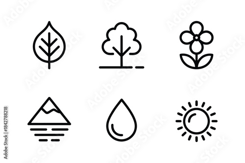 Minimalist line art icons representing essential elements of nature like leaf, tree, flower, and sun