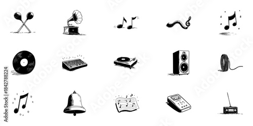 Musical Instruments And Audio Equipment Doodle Sketch Set. Vintage And Modern Music Elements In Hand Drawn Style Collection. Includes Gramophone, Vinyl, Speakers, More. Isolated Vector Illustration