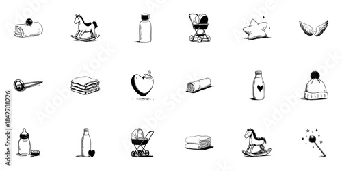 Baby Essentials Doodle Sketch Set. Infant Care, Comfort, And Playtime Items In Hand Drawn Style Collection. Includes Toys, Bottles, Blankets, And Accessories. Isolated Vector Illustration