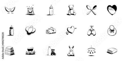 Baby Essentials Doodle Sketch Set. Infant Care, Nursery Items, And Parenting Symbols In Hand Drawn Style Collection. Includes Bottles, Toys, And Accessories. Hand Drawn Isolated Vector Illustration
