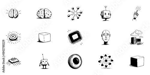 Artificial Intelligence And Technology Doodle Sketch Set. Ai, Robotics, Digital Innovation In Hand Drawn Style Collection. Brain, Robot, Chip, Cloud Computing Elements. Isolated Vector Illustration