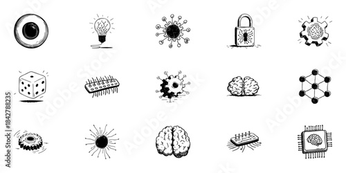 Technology, Security, Innovation, And Science Concepts In Hand Drawn Style Collection. Doodle Sketch Set. Isolated Vector Illustration