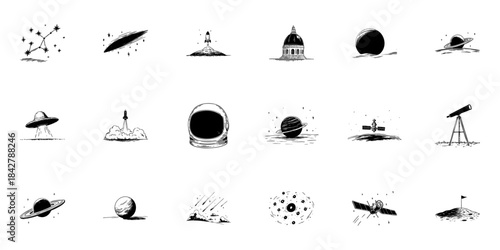 Space Exploration And Astronomy Doodle Sketch Set. Celestial Bodies, Rockets, And Telescopes In Hand Drawn Style Collection. Cosmic Adventure And Discovery. Isolated Vector Illustration