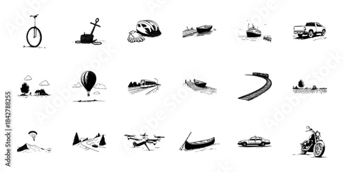 Transportation And Adventure Doodle Sketch Set. Travel, Exploration, And Outdoor Activities In Hand Drawn Style. Unicycle, Boat, Train, Hot Air Balloon, More. Isolated Vector Illustration