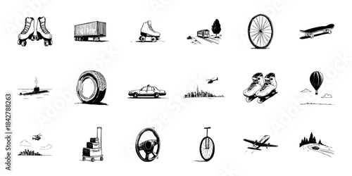 Transportation And Travel Doodle Sketch Set. Diverse Modes Of Transport And Travel Concepts In Hand Drawn Style Collection. Includes Vehicles, Wheels, And Travel Elements. Isolated Vector Illustration