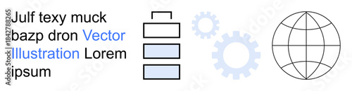 Technology, global network, innovation, energy, process optimization, engineering. Wireframe globe, battery icon gear shapes. Technology and global network concepts with universal symbols