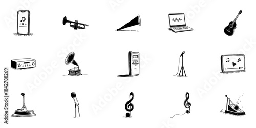 Music And Audio Equipment Doodle Sketch Set. Musical Instruments, Recording Devices, Playback Technology In Hand Drawn Style Collection. Vintage And Modern Sound Tools. Isolated Vector Illustration