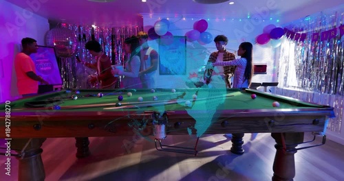 Friends gathering at pool table, disco ball sparking party overlay, arranging cues and snacks