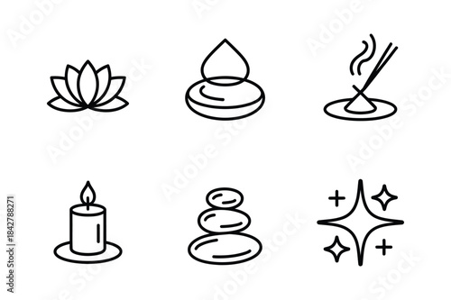 A collection of minimalist line icons representing spa, wellness, and relaxation concepts