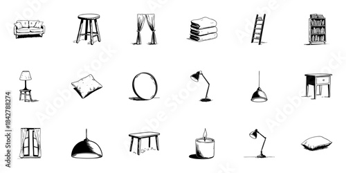 Home Furniture And Decor Doodle Sketch Set. Interior Design Elements Including Sofa, Table, Curtains, More In Hand Drawn Style Collection. Cozy Living Space Essentials. Isolated Vector Illustration