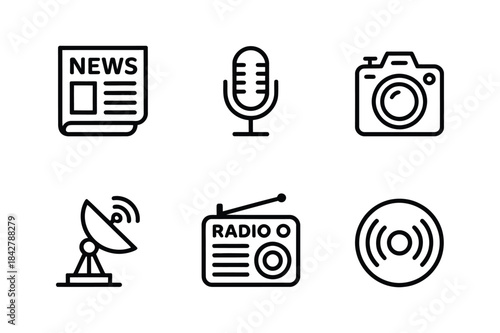 Simple black and white line icons representing media, communication, and broadcasting elements