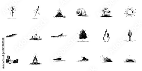 Nature Elements Doodle Sketch Set. Lightning, Fire, Water, And Flora Symbols In Hand Drawn Style Collection. Natural Phenomena And Environmental Icons. Isolated Vector Illustration