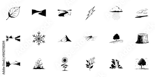 Nature Elements And Landscapes Doodle Sketch Set. Environmental And Ecological Symbols In Hand Drawn Style. Leaf, River, Lightning, Cloud, Mountain, Tree, More. Isolated Vector Illustration