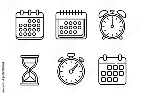 A collection of six time-related icons including clocks, calendars, stopwatch, and hourglass in outline style