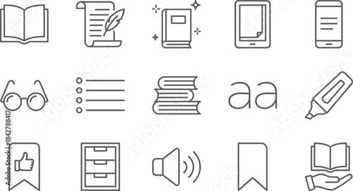 Reading, Writing, and Education Outline Icon Set, Featuring Books, E-learning Devices, Literature Scroll, Highlighter, and Typography Symbols for Digital Media