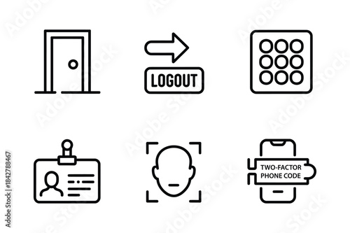 A collection of login and security related line icons including facial recognition and two-factor authentication