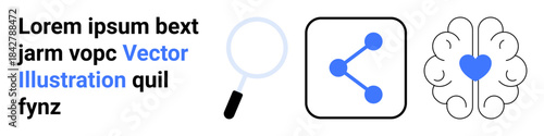 Data sharing, knowledge search, emotional intelligence, connectivity, online networks, technology. Magnifying glass, brain with heart and share icon. Data sharing and knowledge search concept