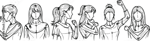 Illustration of womens hairstyles and expressions in line art