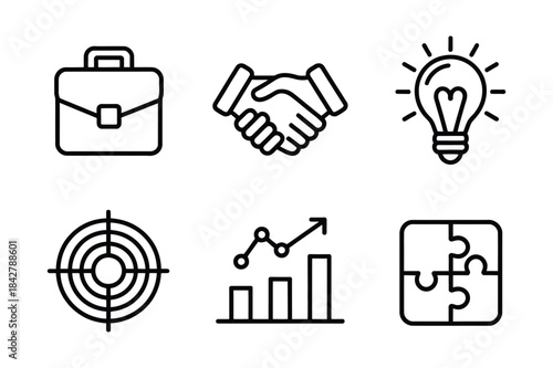 A set of black outline icons representing core concepts of business and success