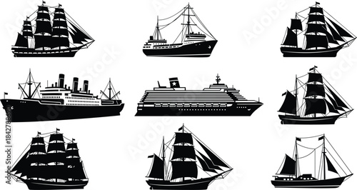 Ship silhouettes, boat icons, sailing vessels, cruise ship, cargo ship, maritime design, nautical art, vintage boats, sea transport, ocean travel