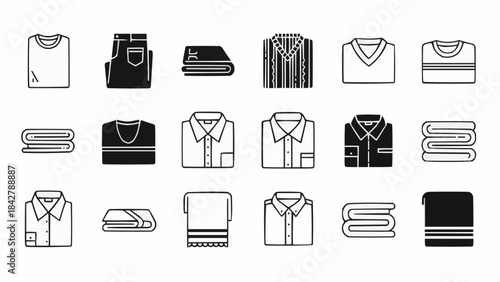 Collection of Clothing and Laundry Icons Representing Apparel and Care.