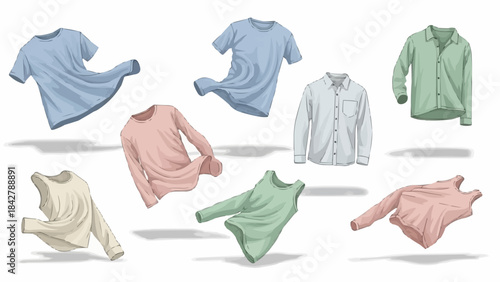 Collection of various pastel-colored shirts and blouses floating in mid-air.