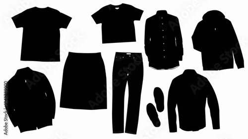 Collection of Black Silhouettes of Clothing and Footwear Items.