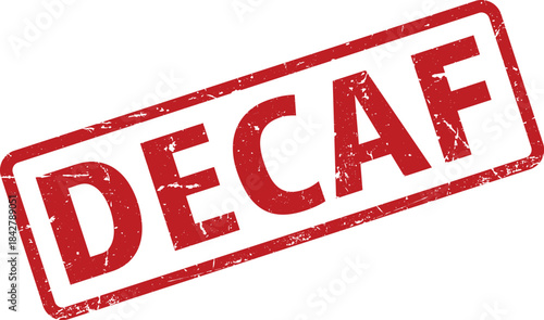 Red DECAF Rubber Stamp Impression on White Background, Angled, with Grunge and Texture Details