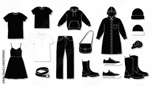 Collection of Black and White Clothing and Accessories for Fashionable Outfits.