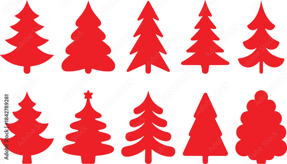 Fototapeta premium Vector Red Christmas Tree Silhouettes Set Collection of Festive Pines, Fir Trees, and Holiday Icons