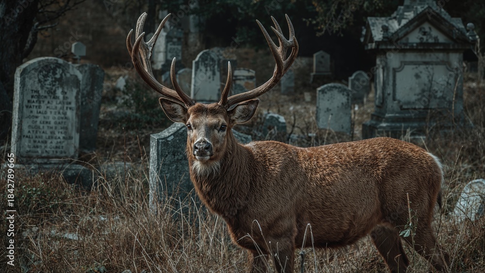 Obraz premium A majestic elk with large antlers standing in a graveyard surrounded by old tombstones.