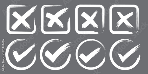 Black checkmarks isolated on white background. Check signs set with grunge style effect. Distressed rough scratch textured. Abstract vintage element bundle. Graphic design template fragment concept. E