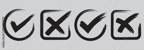 Dirty grunge hand drawn with brush strokes cross X and tick OK check marks V vector illustration set isolated on white background. Check mark symbol NO and YES buttons for vote in the box, web, etc. E