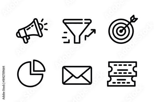 A collection of line icons representing various marketing and business strategy concepts