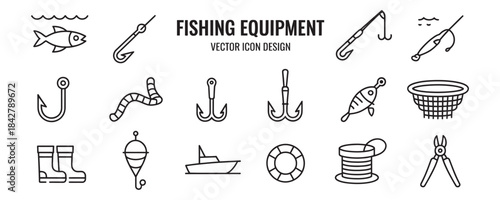 Fishing equipment icons including hooks, anchors, boats, and tackle