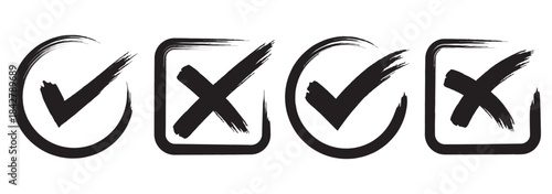 Dirty grunge hand drawn with brush strokes cross X and tick OK check marks V vector illustration set isolated on white background. Check mark symbol NO and YES buttons for vote in the box, web, etc. E