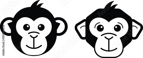 Cute monkey face vector icons featuring simple cartoon chimp expressions in black and white for logos, stickers, and illustrations