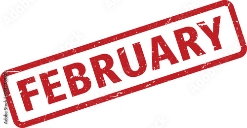 Distressed Red February Rubber Stamp on White Background, Monthly Calendar, Grunge Style February