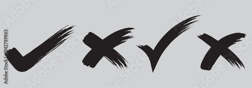 Check mark grunge icon set. Hand drawn doodle checkmark and cross icons set checklist marks in box and circle grunge brush style vector. Brush, marker drawn check mark and cross icon set Collection. E