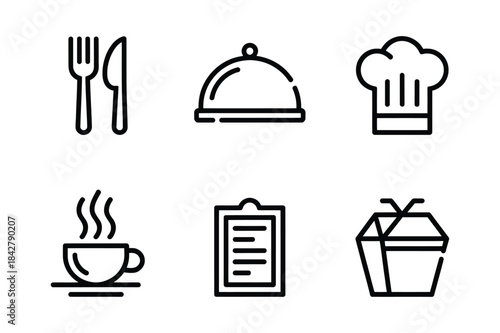 Minimalist black and white line icons representing food, restaurant, and dining concepts