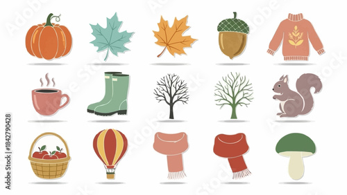 Autumn Season Icons Collection Featuring Nature and Seasonal Objects.