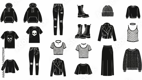 Collection of Black Gothic and Punk Fashion Outfits and Apparel.