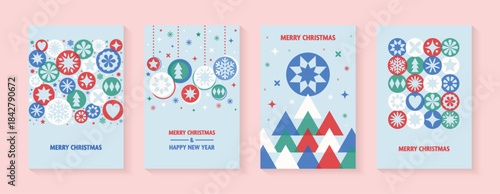 Collection of Christmas greeting cards. Abstract design. Christmas ball, tree and snowflakes. Vector illustration
