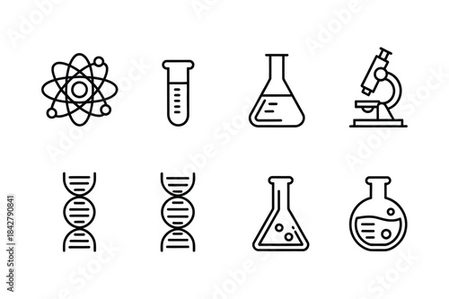 Science laboratory icons set with atom, microscope, flask, test tube, and dna symbols