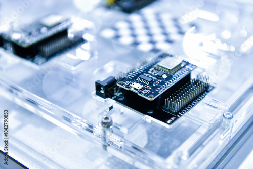 Macro Shot of Computer Processor Production Line print circuit board (PCB) in Bright Environment in Factory.