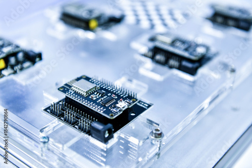 Macro Shot of Computer Processor Production Line print circuit board (PCB) in Bright Environment in Factory.