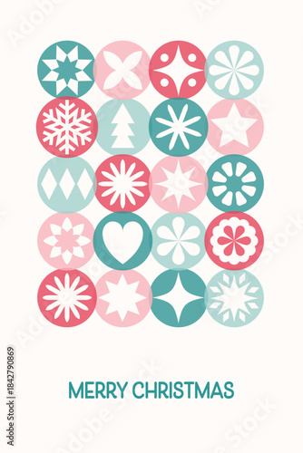 Colourful Christmas poster with geometric decorations. Decorated bauble and snowflakes. Vector illustration
