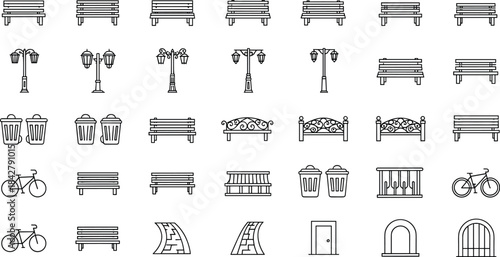 Urban icon set, park elements, benches, street lamps, trash bins, bicycles, gates, doors, road segments, infrastructure symbols, line art