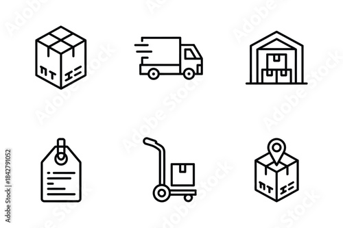 A set of line icons representing shipping, logistics, and warehouse operations