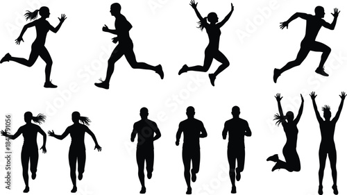 Running and jumping people silhouettes, black vector art, dynamic motion, athletic pose, male and female figures, energy, action, movement design